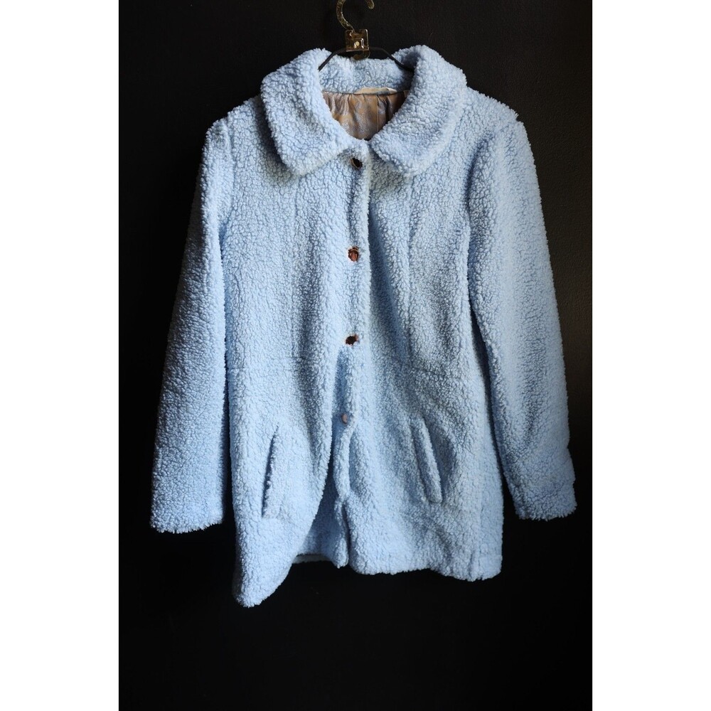 Soft Surroundings Light Blue Pattern Lining Teddy Pea Coat Preppy Cozy Old Money